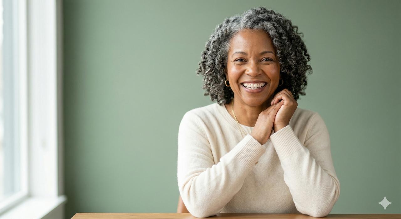 Vibrant woman cooking and enjoying life after menopause treatment
